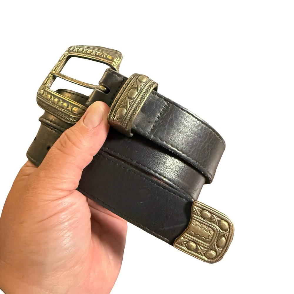 A.‎ Brod Leather Belt Womens Medium Black Western Brass Hardware Vintage USA Mae